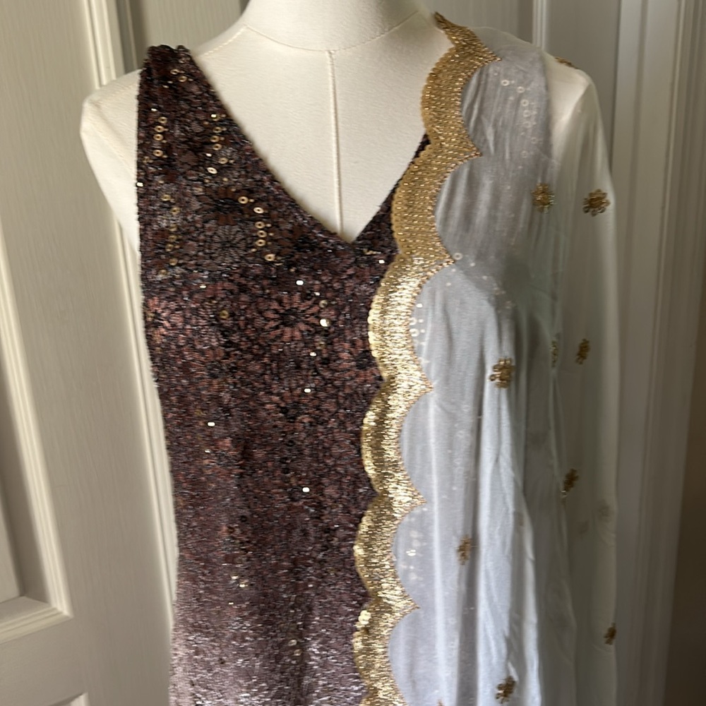White Scalloped Dupatta. Sequin Ombre Gold & Gray Indian Dress Gown Set